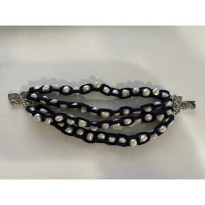 Freshwater Pearls Blue Leather Woven Bracelet Magnetic Clasp Coastal Nautical